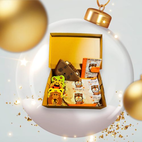 Babaköszöntő Ajnádékcsomag- Baby Gift Box- Barna-Narancs Állatfigurás