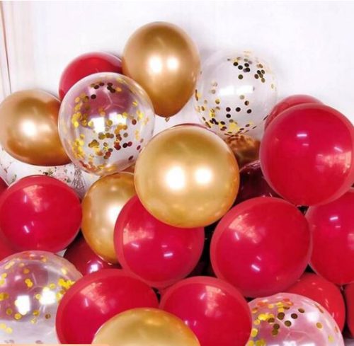 Piros-Metál Arany-Konfetti Lufi szett 120 db-os